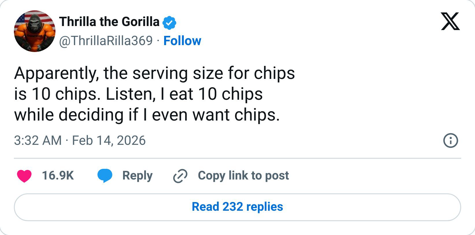 Thrilla the Gorilla chip serving-size meme