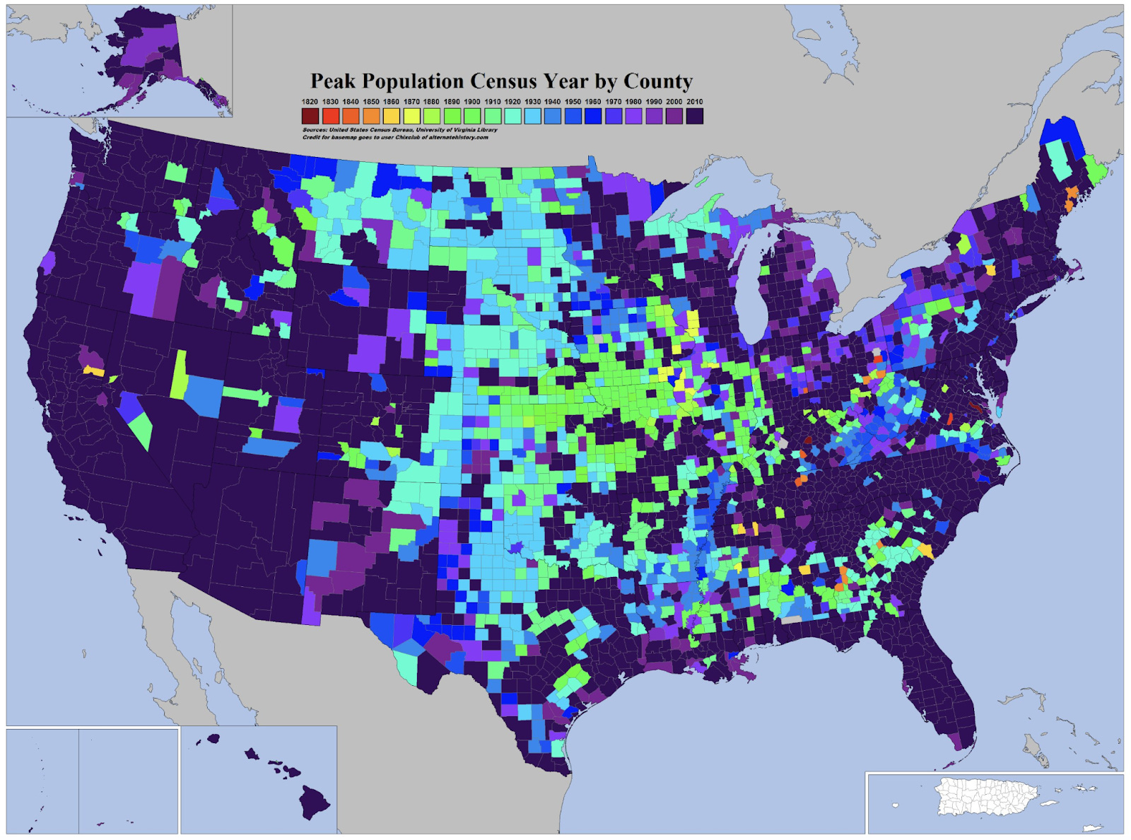 Peak population census year by county